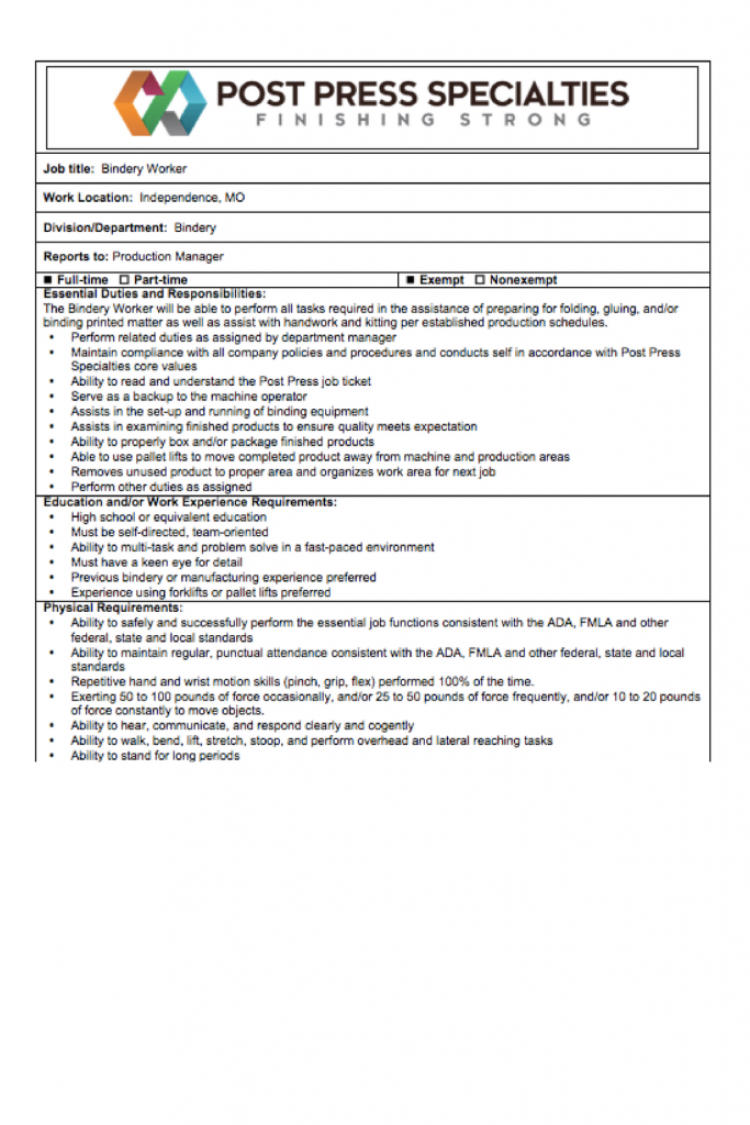 Bindery Worker Post Press Specialties